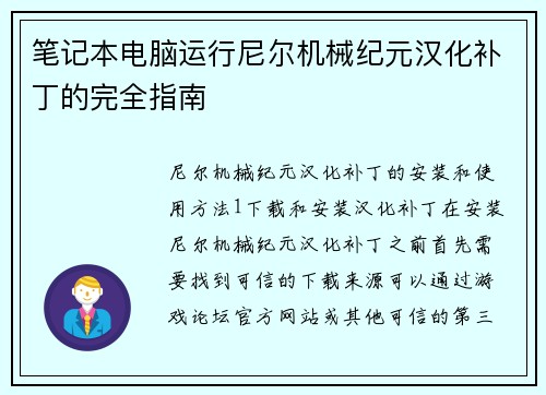 笔记本电脑运行尼尔机械纪元汉化补丁的完全指南
