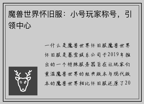 魔兽世界怀旧服：小号玩家称号，引领中心